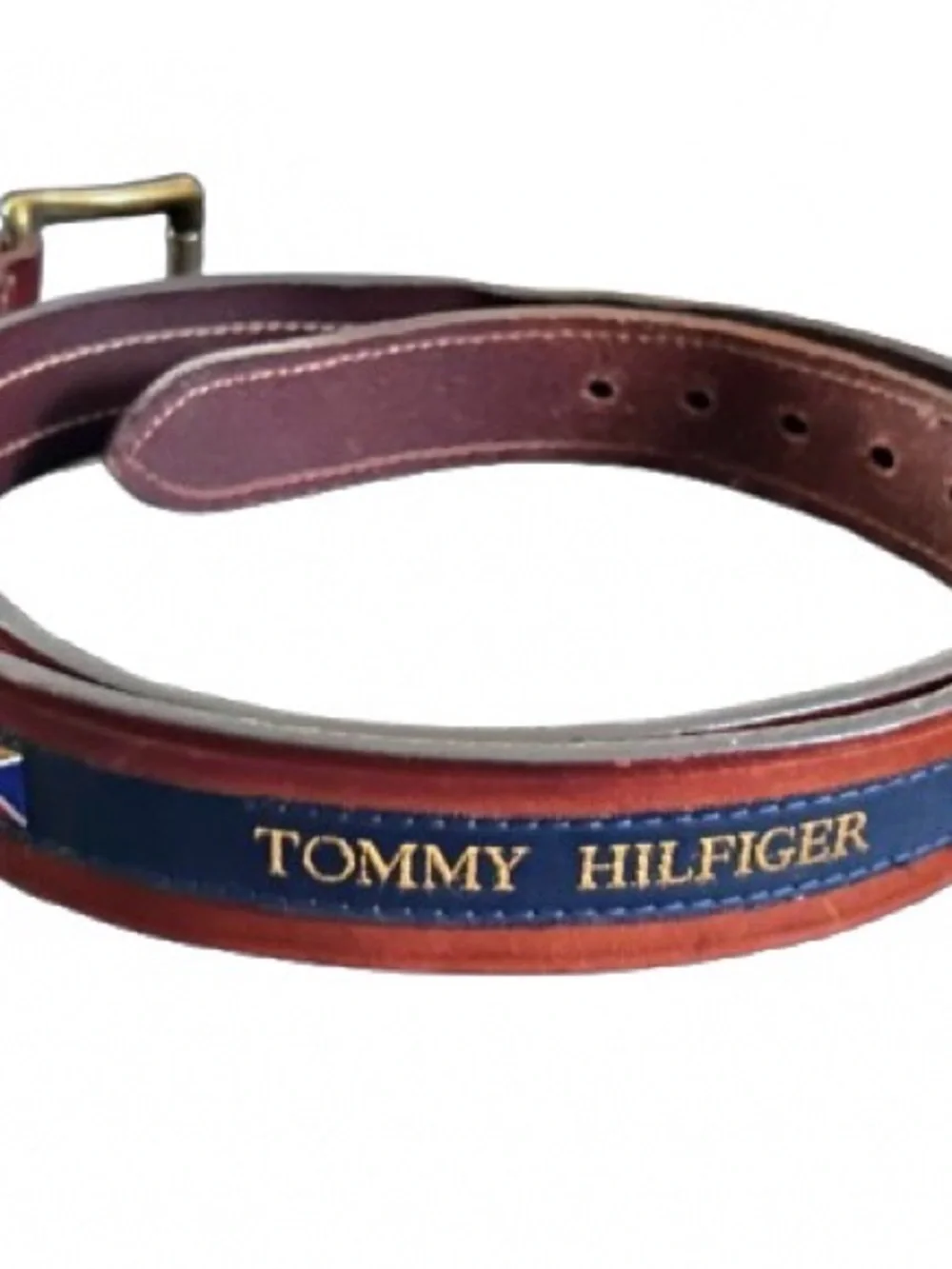 TOMMY HILFIGER L Leather Flag Nautical Belt Brown Large Size 49 Preppy
